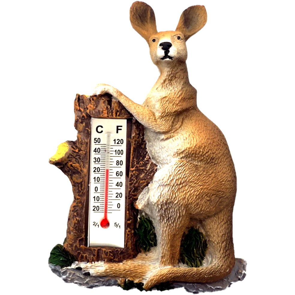 Kangaroo figure made of textured resin; Thermometer embedded in a tree stump design; Displays temperature in Celsius and Fahrenheit; Natural brown and beige colours; Magnet on back for attachment;