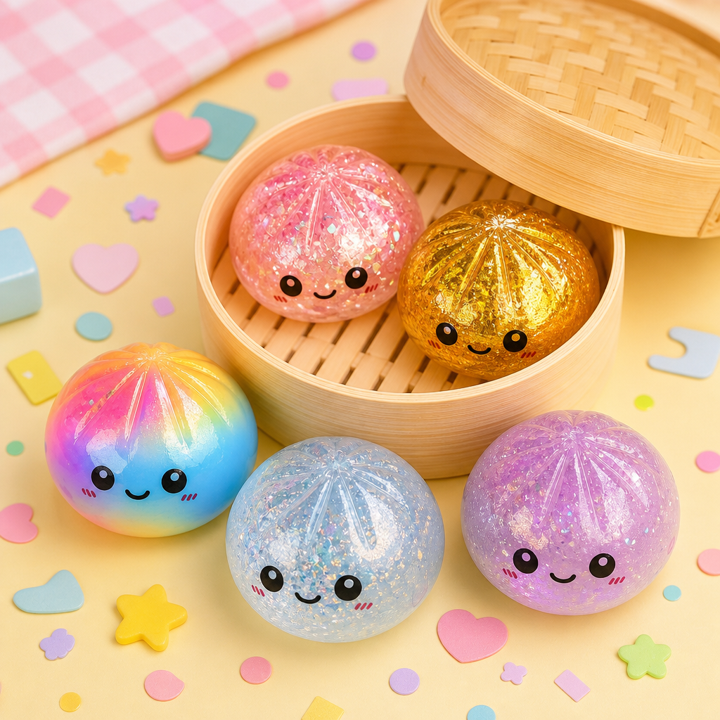 Five round dumpling-shaped squishy toys with kawaii faces; Random assortment includes glitter, translucent, metallic, pastel, and rainbow finishes; Round bamboo-steamer-style mystery packaging;
