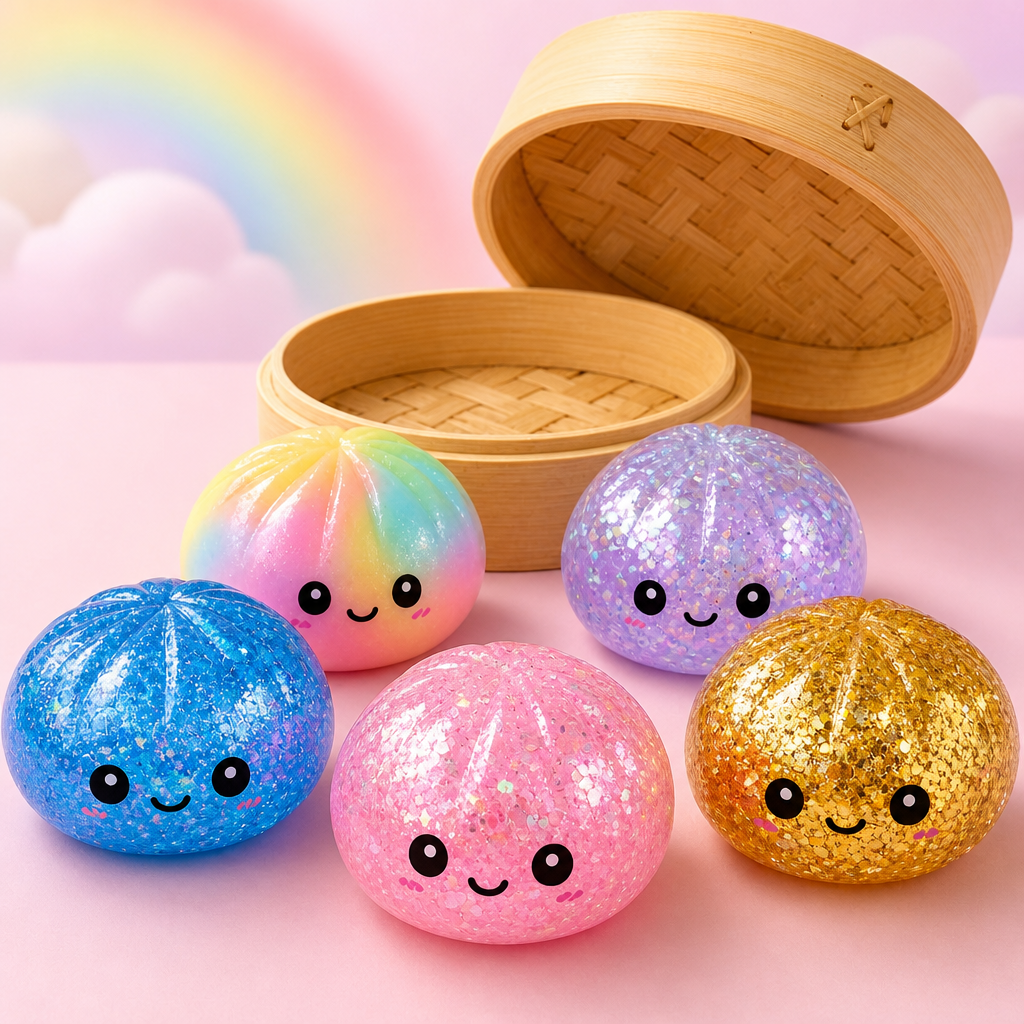 Five round dumpling-shaped squishy toys with kawaii faces; Random assortment includes glitter, translucent, metallic, pastel, and rainbow finishes; Round bamboo-steamer-style mystery packaging;