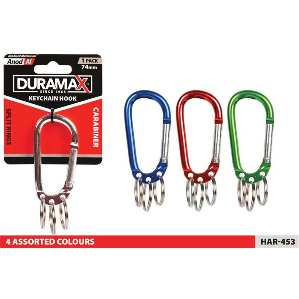 anodised aluminium material; silver carabiner with spring gate; three attached split rings; packaging shows DURAMAX branding; 74mm size labelled on packaging;