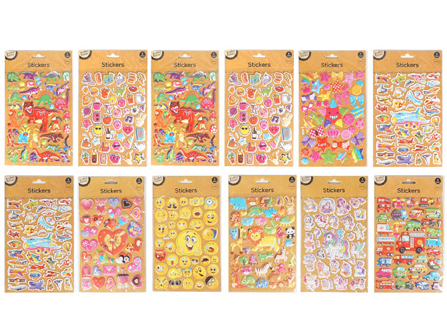 assorted colourful 3D stickers; themes include animals, emojis, hearts, vehicles; stickers on brown kraft packaging card; stickers have raised, puffy appearance; varied shapes and sizes;
