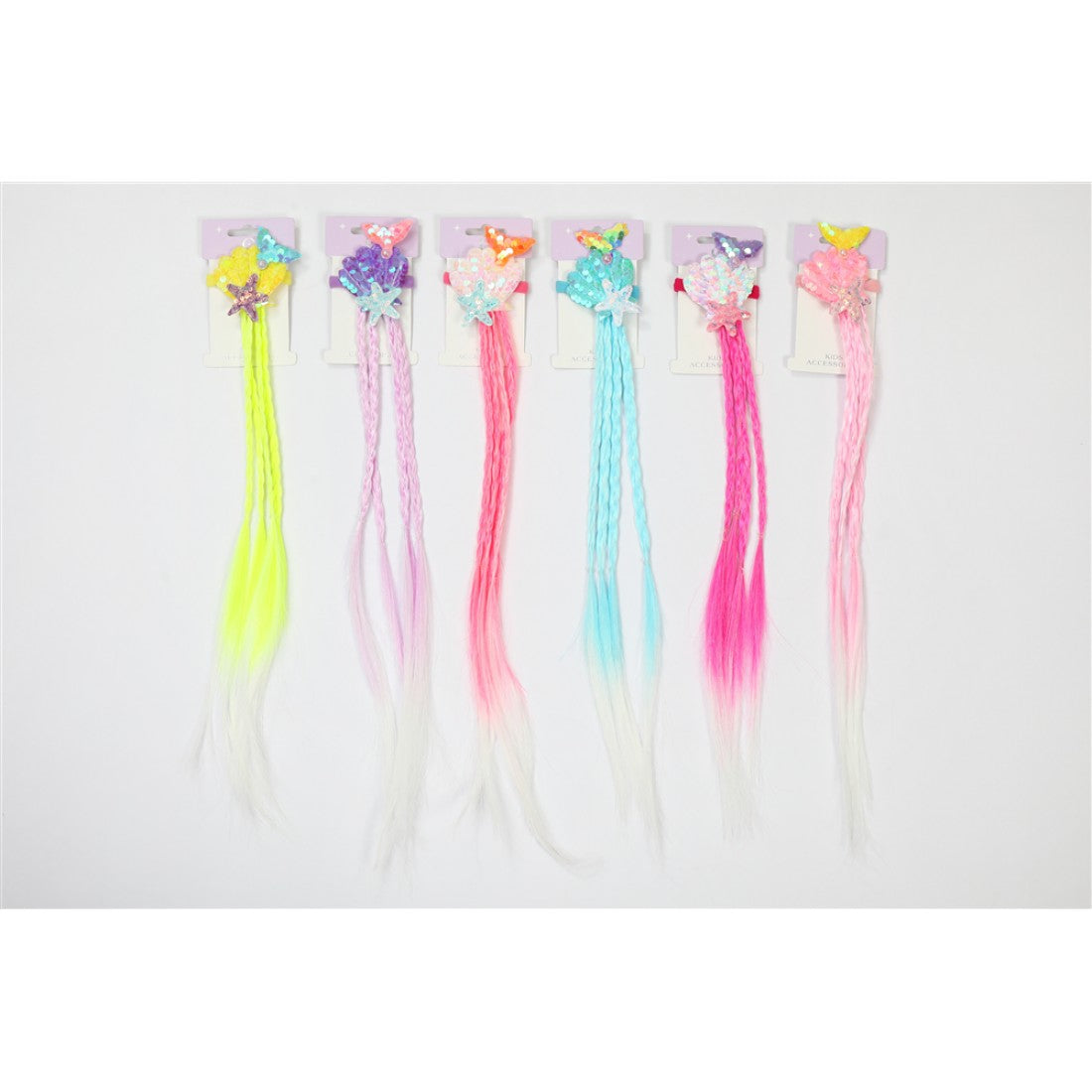 Bright ombre braids in neon yellow, pink, blue and white tones; Each piece has multiple thin plaited strands; Decorated with glittery shell and starfish embellishments; Hair attached to a carded clip backing for hanging display; Overall mermaid and ocean-inspired design;