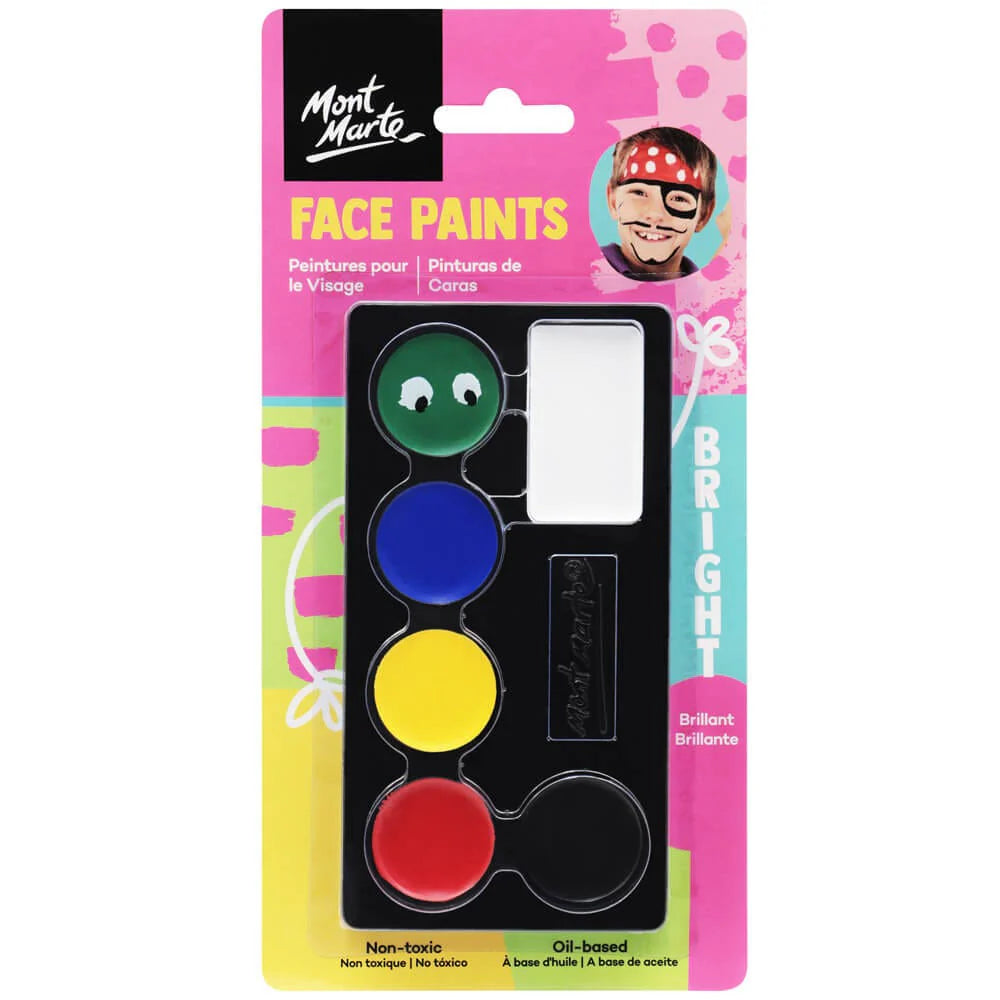 five round paint pans in green, blue, yellow, red, black; packaging with pink and teal background; product includes oil-based, non-toxic label; Mont Marte branding; small palette layout;