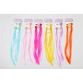 Long straight synthetic hair extensions; Bright colours including blue, pink, yellow, purple and orange shown; Each extension attached to snap hair clips; Glitter flower decorations on the clips; Packaged on printed backing cards;