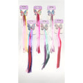Long straight synthetic hair strands in bright colours; Glitter butterfly-shaped clip at the top; Mounted on light purple backing card; Multiple assorted colour combinations shown;