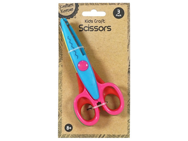 3 scissors per pack; blue and pink plastic handles; decorative patterned blades; cardboard backing packaging;