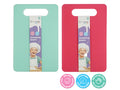rectangular shape with rounded corners; cut out handle at top; available in teal and red colours; made of soft food-grade silicone; packaging features child chef image;
