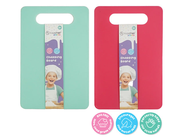 rectangular shape with rounded corners; cut out handle at top; available in teal and red colours; made of soft food-grade silicone; packaging features child chef image;