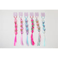 Long braided synthetic hair extensions; Lantern-style bubble sections along the braid; Butterfly decorations attached down the length; Bright pastel colours including pink, purple, blue and white; Each piece displayed on a pastel hang card with ring attachment;