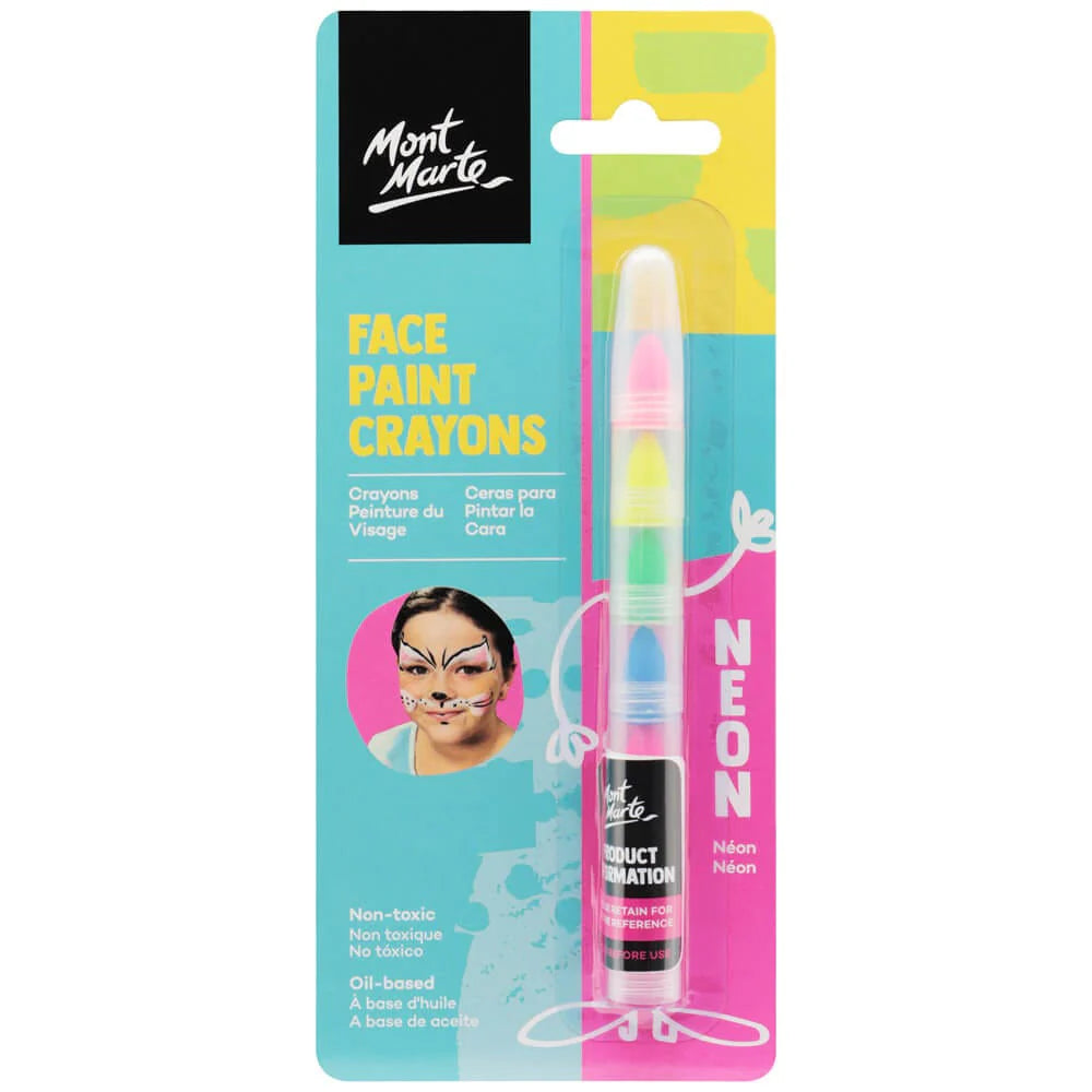 Neon coloured crayons in pink, yellow, green, blue; Transparent plastic casing with cap; Blue and yellow packaging with Mont Marte logo; Image of child with painted face on packaging;