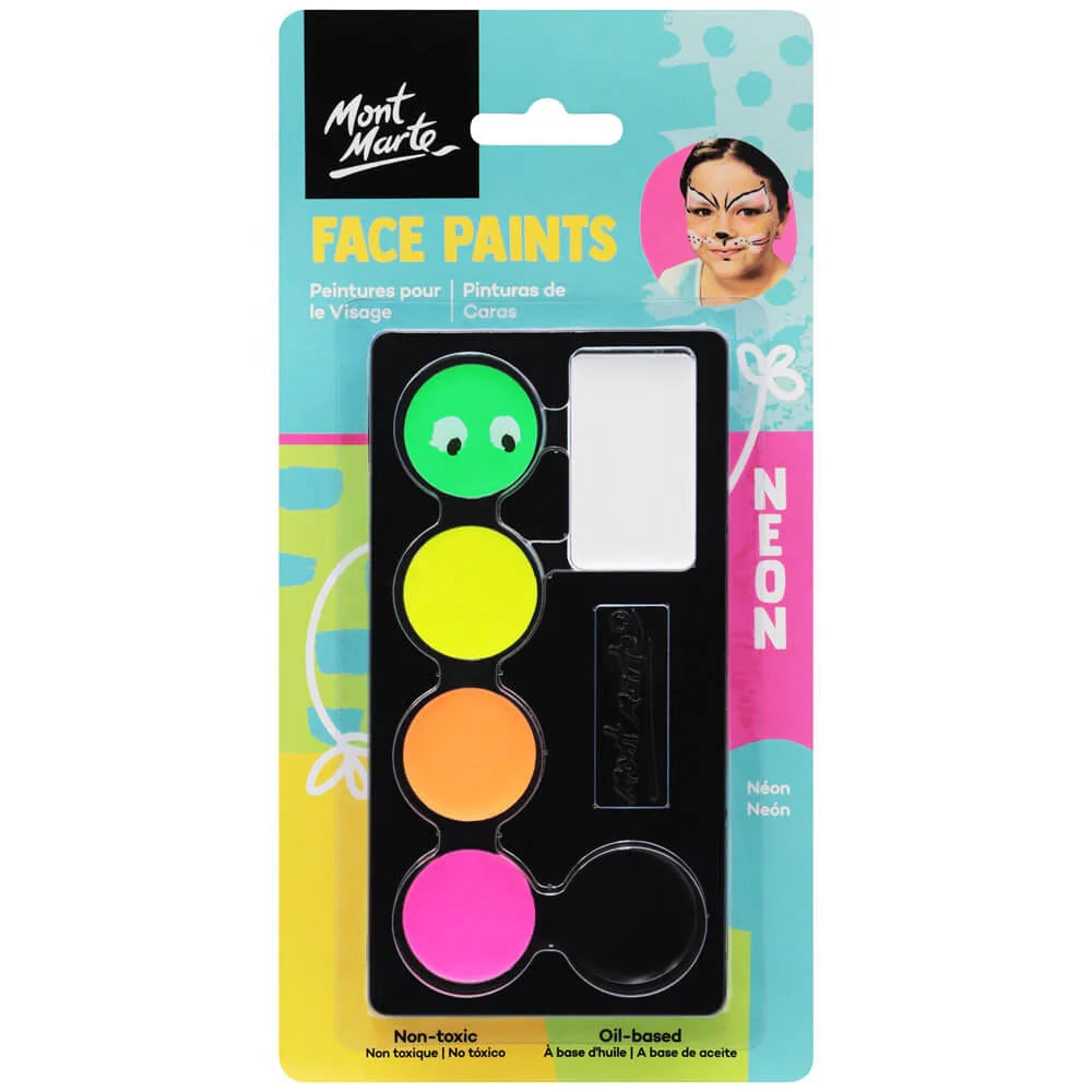 Neon colours: green, yellow, orange, pink, and white; Black plastic palette holder; Packaging with blue, yellow and pink colours; Small round paint wells; Oil-based and non-toxic labels on packaging;