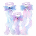 Sheer organza bow in pastel blue and pink; Long wavy ribbon tails with stitched edges; Oval rhinestone centre with faceted stone; Mounted on light purple display card with stars;