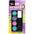 Contains 5 paint colours: teal, purple, pink, blue, black; Oil-based face paints; Packaging with purple and yellow background; Includes paint pans in rectangular black tray;
