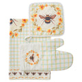 pastel plaid pattern in yellow and green; bee motifs with floral wreaths; includes oven mitt, pot holder, and tea towel; soft cotton fabric; cream background colour;