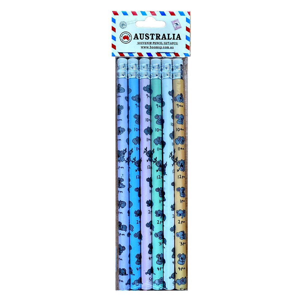 six wooden pencils in pastel colours; each pencil decorated with koala illustrations; erasers attached on pencil tops; clock time markings printed on pencils;