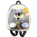 grey and white plush fabric; koala design with mother and baby; adjustable dark straps; front pouch pocket with striped pattern;