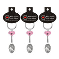 Pink koala face charm; Miniature metal tea spoon with Australian map engraving; Attached metal keyring loop; Black branded hanger card;