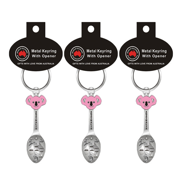 Pink koala face charm; Miniature metal tea spoon with Australian map engraving; Attached metal keyring loop; Black branded hanger card;