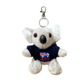 plush koala toy; blue knitted sweater with Australian flag; metal keyring with clip; grey and white colours; small size for bag or keys;