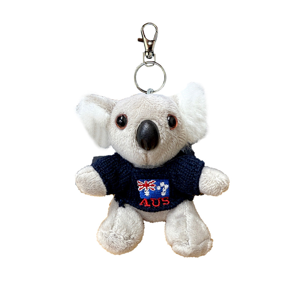 plush koala toy; blue knitted sweater with Australian flag; metal keyring with clip; grey and white colours; small size for bag or keys;