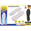 white perforated insoles; black backing layer; packaging with blue and yellow design; trim to fit markings; icons showing hand washable, easy to insert, easy to cut;