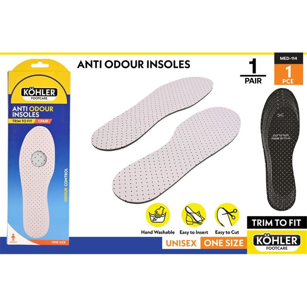 white perforated insoles; black backing layer; packaging with blue and yellow design; trim to fit markings; icons showing hand washable, easy to insert, easy to cut;