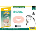 packaged in green and yellow box; 6 soft pink ring-shaped cushions; non-slip adhesive backing; 35mm diameter cushions; illustration showing use on foot bunion area;