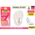 Clear gel material; Self-adhesive backing visible; Designed for ball of foot; Compact oval shape; Packaged in pink and yellow cardboard;