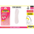 pink and yellow packaging; two clear gel liner strips; pack labelled 'FOR ANKLES'; self-adhesive strips shape for ankle straps; non-slip technology and invisible comfort text;
