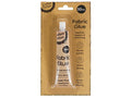 brown kraft paper backing packaging; transparent plastic blister; 50ml silver tube with black text; tube labelled 'Fabric Glue' and 'Krafters Korner' logo; bullet points on packaging for quick bonding and strong hold;