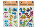 two sheets of stickers; holographic finish; animal and dinosaur shapes; colourful designs; includes flowers and cacti;