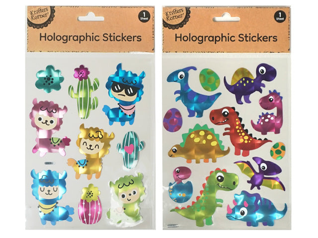 two sheets of stickers; holographic finish; animal and dinosaur shapes; colourful designs; includes flowers and cacti;