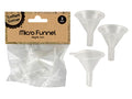 set of 3 mini clear plastic funnels; each funnel approx. 4cm height; funnel shape with narrow spout; packed in clear plastic bag with cardboard label;