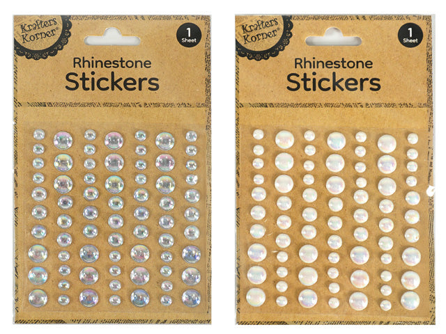clear round rhinestone stickers in assorted sizes; pearl-effect round rhinestone stickers in assorted sizes; packaged on brown card backing; label 'Rhinestone Stickers' with 'Krafters Korner' branding; single sheet per package;
