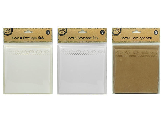 Square cards and envelopes; Delicate lace edge pattern; Colours: white, cream, natural kraft; Pack contains 8 cards and envelopes; Brown kraft paper option available;