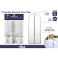 clear plastic material; grey zipper running down centre; rectangular shape with rounded top; hanging insert at top; packaged in clear plastic wrap;