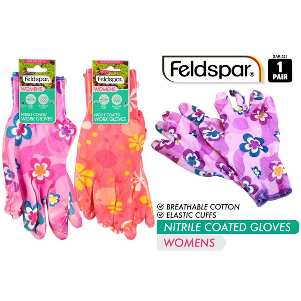 Two pairs of ladies garden gloves shown; Floral patterns in pink and purple colours; Nitrile coated palm and fingers; Breathable cotton fabric on back; Elastic cuffs for fit;