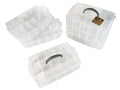 clear plastic material; three stackable tiers; snap lid closures; black carry handle; rectangular shape;