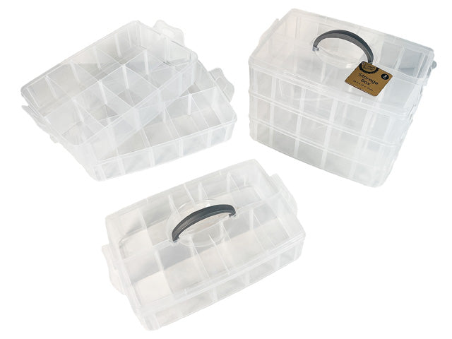 clear plastic material; three stackable tiers; snap lid closures; black carry handle; rectangular shape;