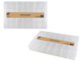 clear plastic material; rectangular shape; 28 grid compartments; brown paper label on top;