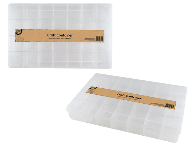 clear plastic material; rectangular shape; 28 grid compartments; brown paper label on top;