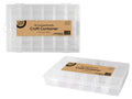 clear plastic material; rectangular shape; 18 compartments; brown paper label on lid; two secure snap closures;