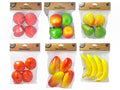 packaging shows Fruit Decoration label with rustic brown header; each pack contains 4 large artificial fruits; fruits shown include peaches, apples, pears, oranges, mangoes, bananas; fruits have bright, glossy paint finish; plastic or foam material appearance;