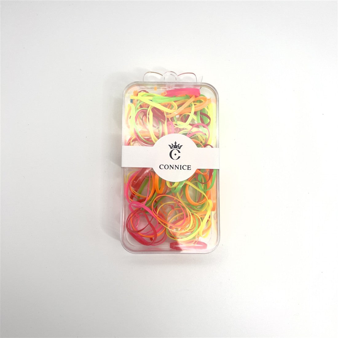 Clear rectangular plastic box packaging; Mixed fluorescent colours including pink, orange, yellow and green; Thin elastic hair bands; White wrap label with CONNICE logo on the front;