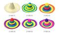 Large woven straw hat; Multi-colour striped pattern; Pink rim around brim; Traditional Mexican hat shape;