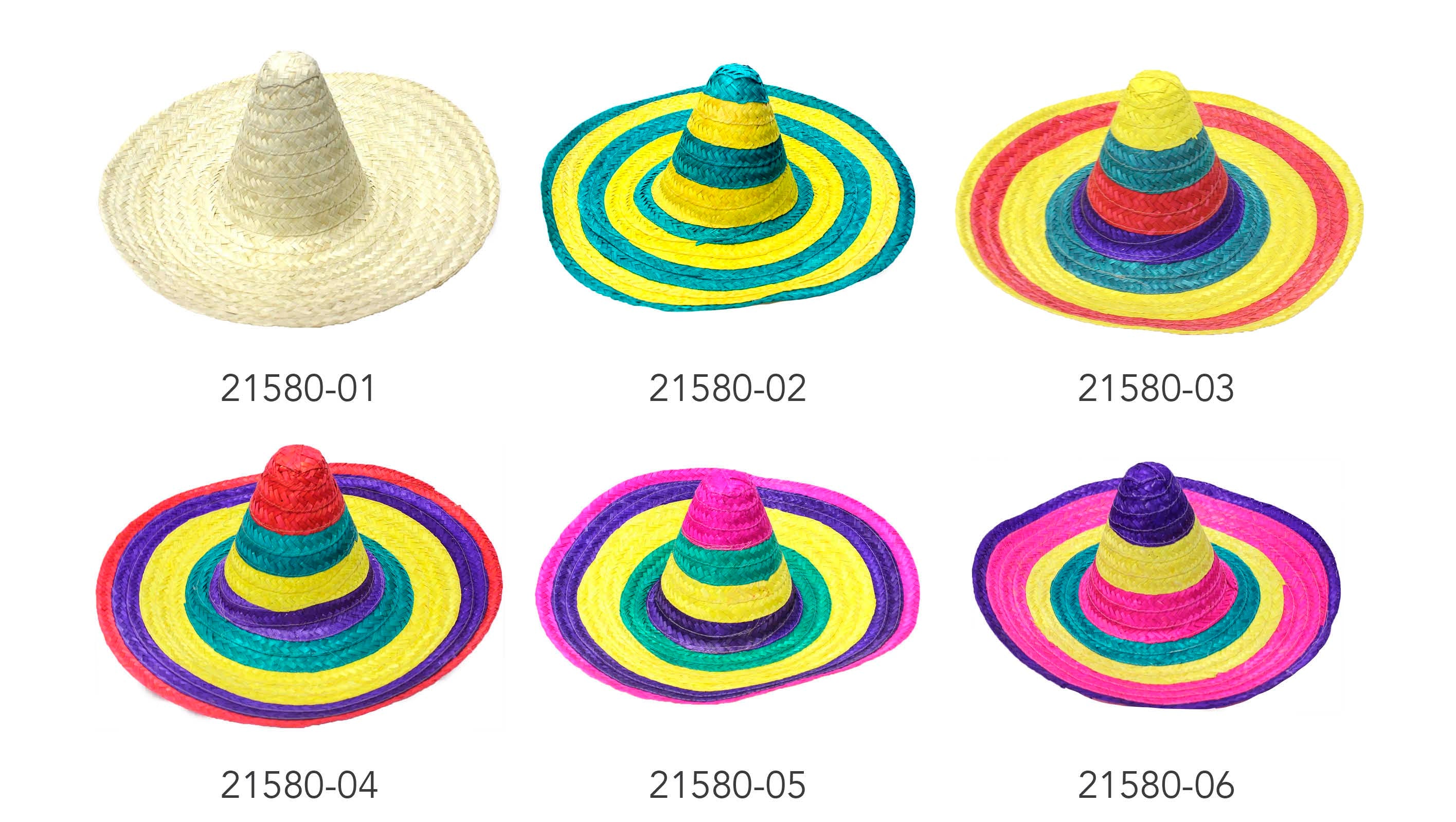 Large woven straw hat; Multi-colour striped pattern; Pink rim around brim; Traditional Mexican hat shape;
