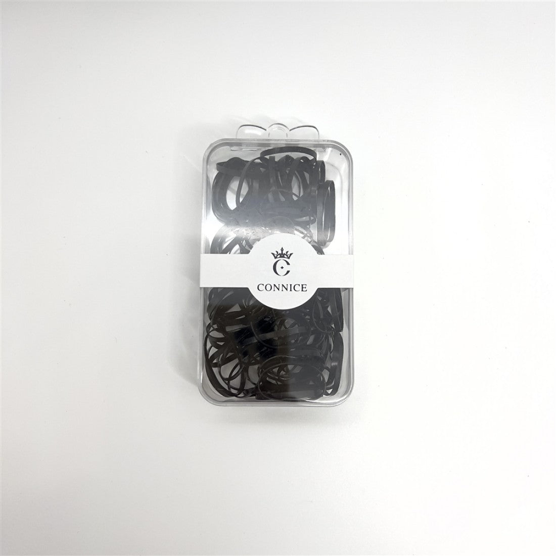 Black hair elastics in a compact clear plastic box; White band label around the box with brand name "CONNICE"; Rectangular clamshell-style packaging; Elastics appear flat and smooth in finish;