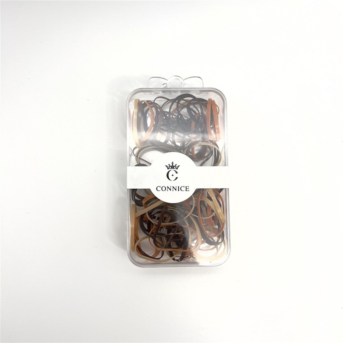Clear plastic case with hinged lid; Assorted brown-toned elastic bands; White band label with Connice branding; Compact rectangular packaging;