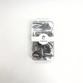 Clear plastic box packaging; Mix of black and white flat hair elastics; Compact rectangular container with hanger tab; Simple white band label with brand name on front;