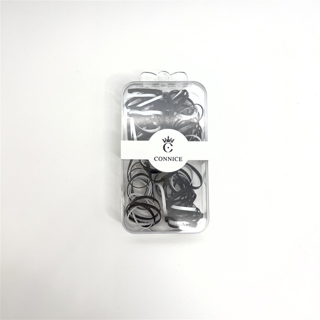 Clear plastic box packaging; Mix of black and white flat hair elastics; Compact rectangular container with hanger tab; Simple white band label with brand name on front;